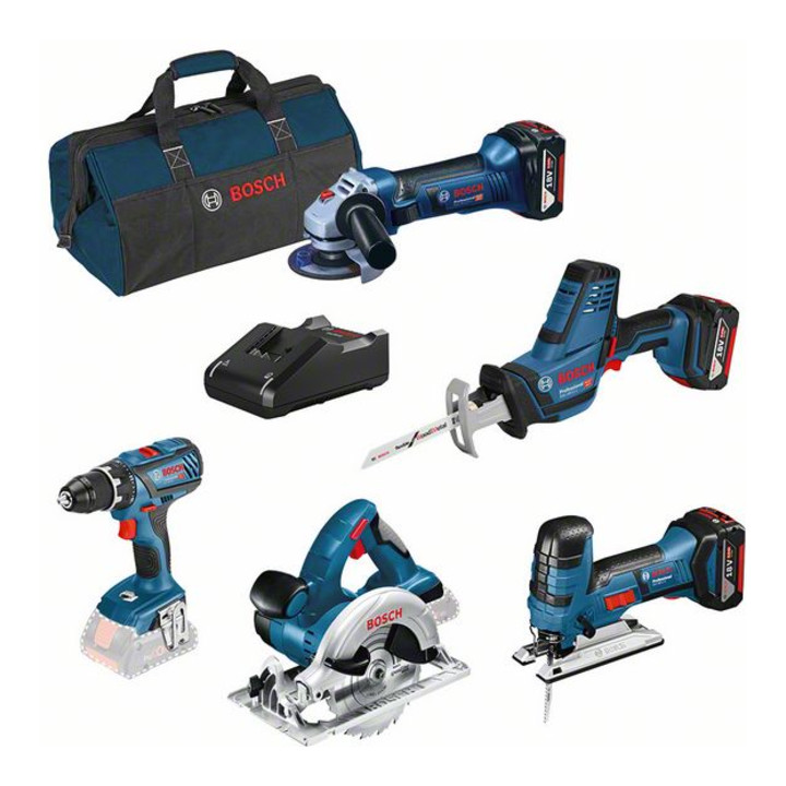 Bosch Set combinato : GSR 18V-28 + GST 18V-LI S + GWS 18-125V-LI + GKS 18 V-LI + GSA 18 V-LI C + 3 x 4,0 Ah GBA + GAL 18V-40 + borsa portautensili
