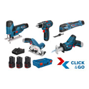 Bosch Set da 5 utensili 12 V: GSR + GST + GOP + GKS + GSA + 3x GBA 3,0 Ah + GAL + XL-BOXX