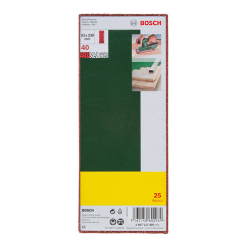 Set de feuilles abrasives Bosch pour ponceuses orbitales, 25 pièces, 8 trous, 93 x 230 mm