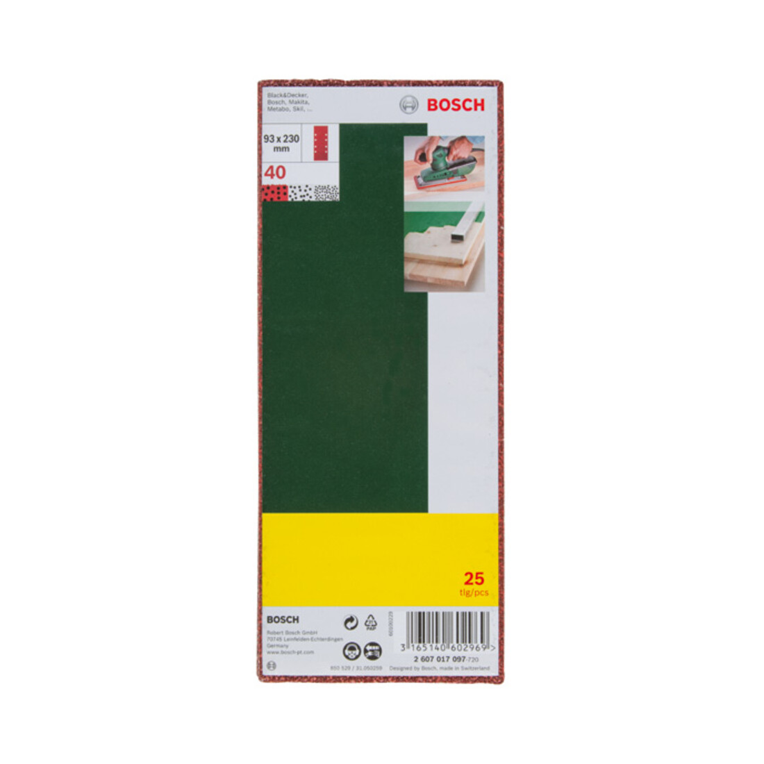 Set de feuilles abrasives Bosch pour ponceuses orbitales, 25 pièces, 8 trous, 93 x 230 mm