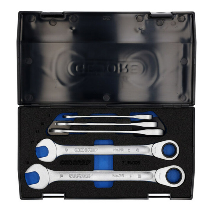 Set de clés mixtes à cliquet 7 R-005 5-pces ouv. 8-19mm CV boîtier plastique GED