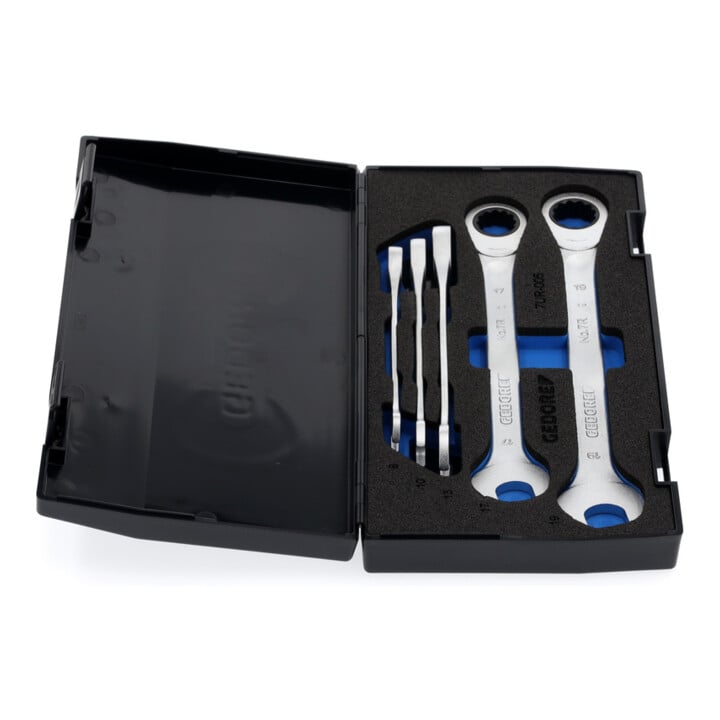 Set de clés mixtes à cliquet 7 R-005 5-pces ouv. 8-19mm CV boîtier plastique GED