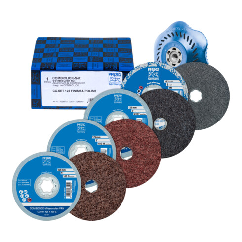 Set de sondes non-tissées PFERD COMBICLICK diamètre 125mm VRH A100C, 180M, 240F et PNER W F avec plateau-support CC-H-GT pour la finition