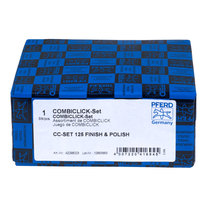 Set de sondes non-tissées PFERD COMBICLICK diamètre 125mm VRH A100C, 180M, 240F et PNER W F avec plateau-support CC-H-GT pour la finition