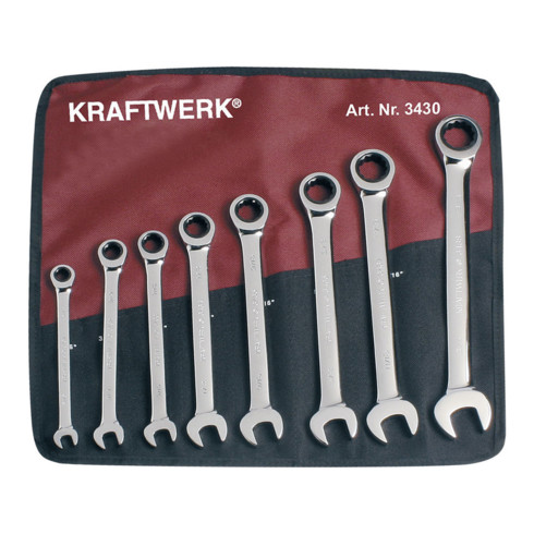 Kraftwerk Set di chiavi combinate a cricchetto in busta avvolg. pollici 8 pezzi