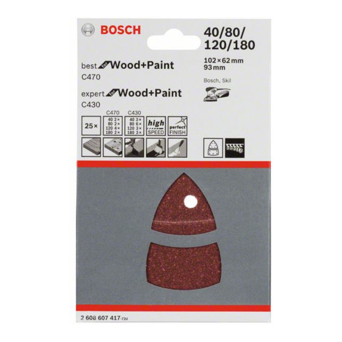 Bosch Set di fogli abrasivi C470 e C430 102 x 62, 93 mm 40 - 180