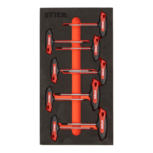 STIER Set di giraviti con impugnatura a T Torx TX6 - TX30 mm 9 pezzi con inserto di espanso morbido (EVA)