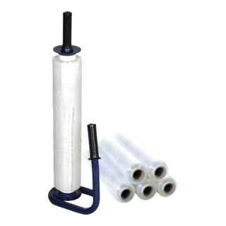 Set di pellicole estensibili con supporto, L=300m x l=450mm 20 µm trasp. c.1 sistema di srotolamento e 6 rotoli