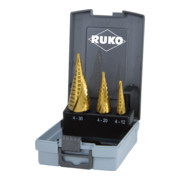 RUKO Set di punte a gradini Ø4-12/4-20/4-30mm HSS-TiN, scanalatura elicoidale, in cassetta di plastica