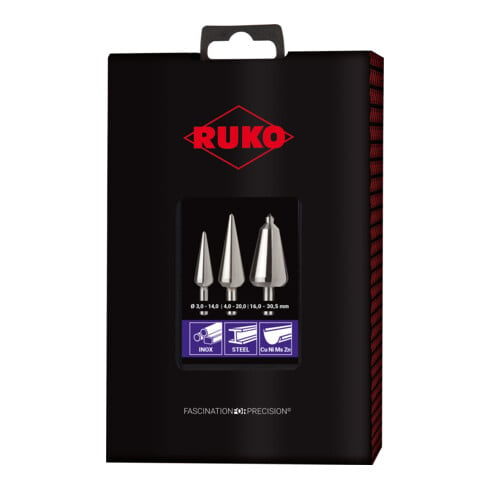 RUKO Set di punte coniche da trapano per alesare 3-14/5-20/16-30,5mm, HSS-Co5, cassetta in plastica ABS