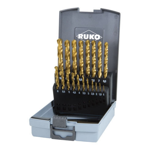 RUKO Set di punte elicoidali DIN 338, modello N HSS G TiN in cassetta di plastica, Ø1,0mm