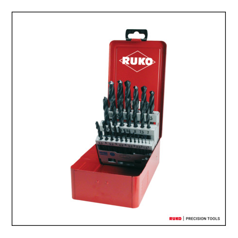 RUKO Set di punte elicoidali DIN 338, modello N HSS R in cassetta, Ø1,0mm a 13,0mmx0,5mm
