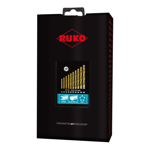 RUKO Set di punte elicoidali DIN338, modello N, Ø1-13 x 0,5mm, HSS TiN, cassetta in plastica