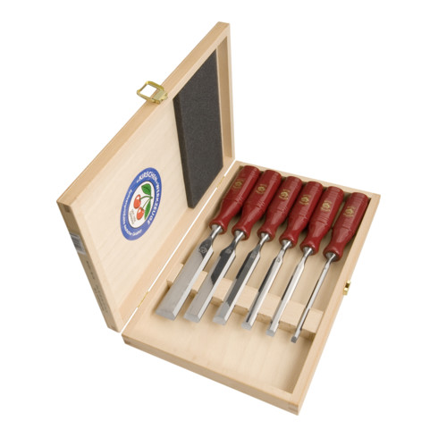Set di scalpelli per legno Kirschen con manico in plastica rosso in cassetta di legno 6-10-12-16-20-26 mm