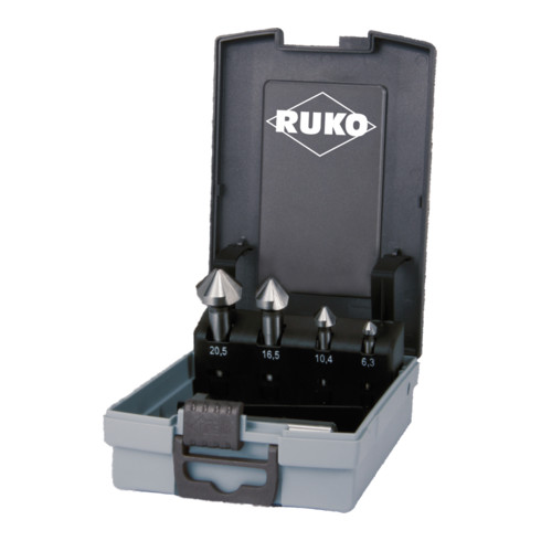RUKO Set di svasatori conici e sbavatori DIN 335, forma C 90° HSS Co 5 in cassetta di plastica ABS