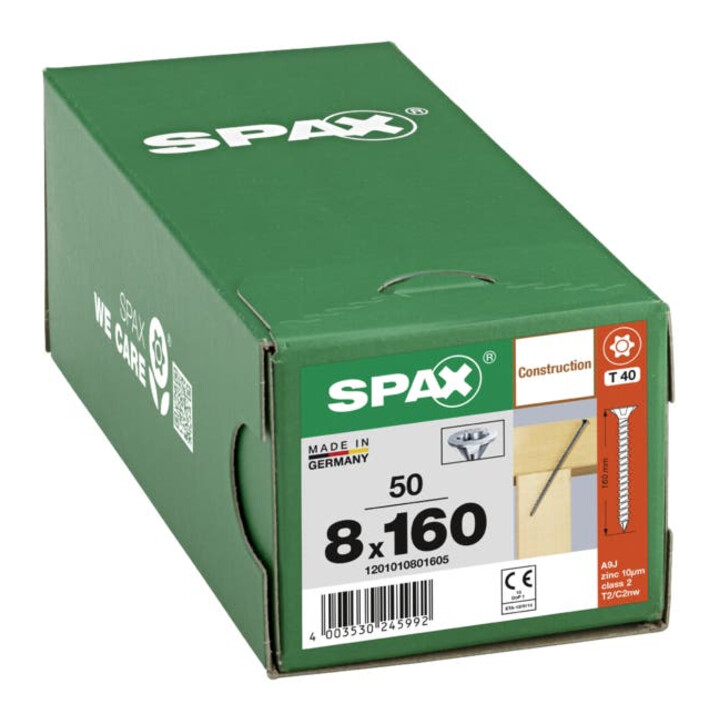 SPAX ART 88196 Vis Seko avec nervures de fraisage et pointe Cut, acier WIROX 8 x 160 -T40 gal Zn S