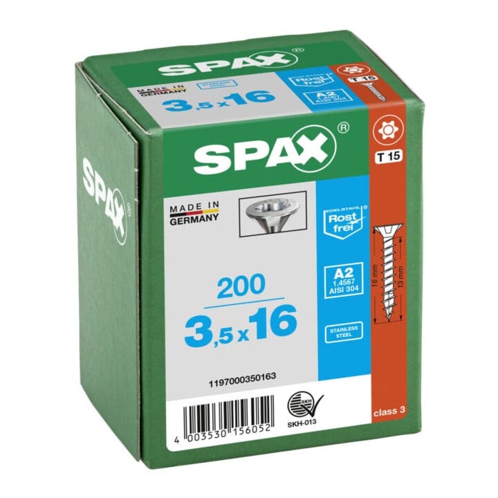 Spax Edelstahl 3,5 x 16 mm Senkkopf T-STAR plus Vollgewinde 4CUT Edelstahl rostfreiei A2