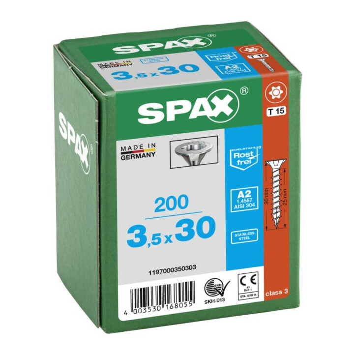 Spax Edelstahl 3,5 x 30 mm Senkkopf T-STAR plus Vollgewinde 4CUT Edelstahl rostfreiei A2