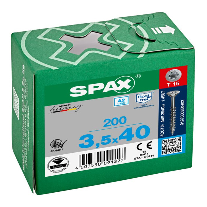 Spax Edelstahl 3,5 x 40 mm Senkkopf T-STAR plus Teilgewinde 4CUT Edelstahl rostfreiei A2