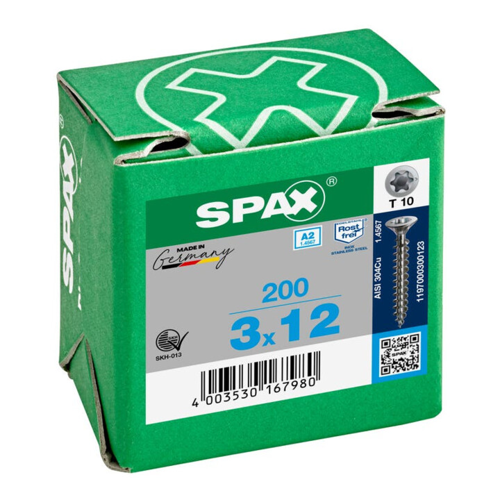 Spax Edelstahl 3 x 12 mm Senkkopf T-STAR plus Vollgewinde S-Spitze Edelstahl rostfreiei A2