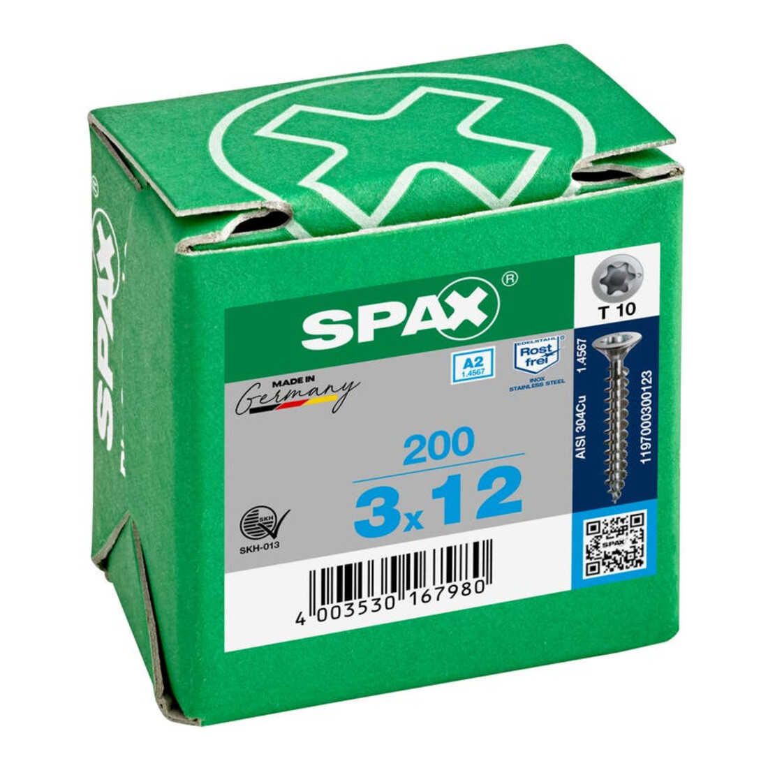 Spax Edelstahl 3 x 12 mm Senkkopf T-STAR plus Vollgewinde S-Spitze Edelstahl rostfreiei A2