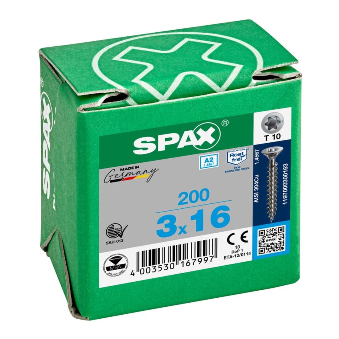 Spax Edelstahl 3 x 16 mm Senkkopf T-STAR plus Vollgewinde S-Spitze Edelstahl rostfreiei A2