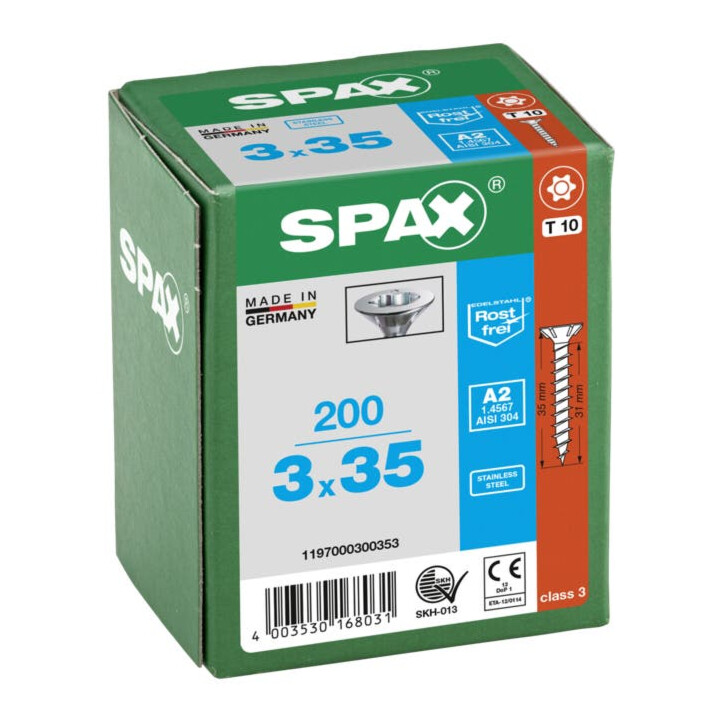 Spax Edelstahl 3 x 35 mm Senkkopf T-STAR plus Vollgewinde S-Spitze Edelstahl rostfreiei A2