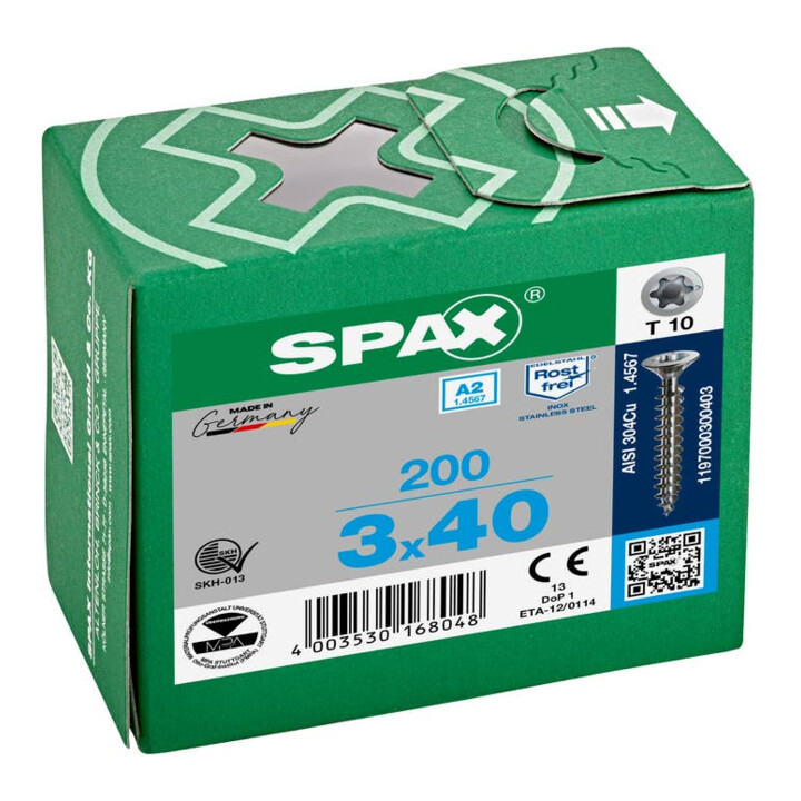 Spax Edelstahl 3 x 40 mm Senkkopf T-STAR plus Vollgewinde S-Spitze Edelstahl rostfreiei A2
