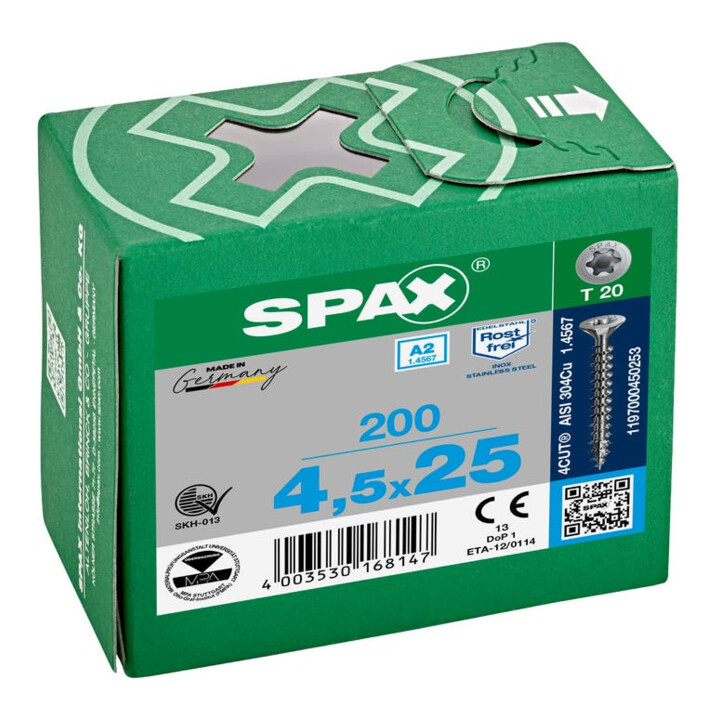Spax Edelstahl 4,5 x 25 mm Senkkopf T-STAR plus Vollgewinde 4CUT Edelstahl rostfreiei A2