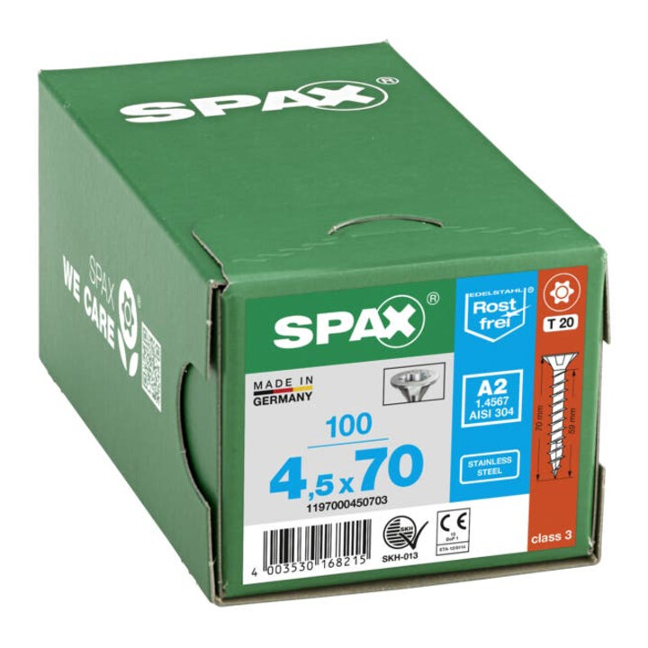 Spax Edelstahl 4,5 x 70 mm Senkkopf T-STAR plus Vollgewinde 4CUT Edelstahl rostfreiei A2