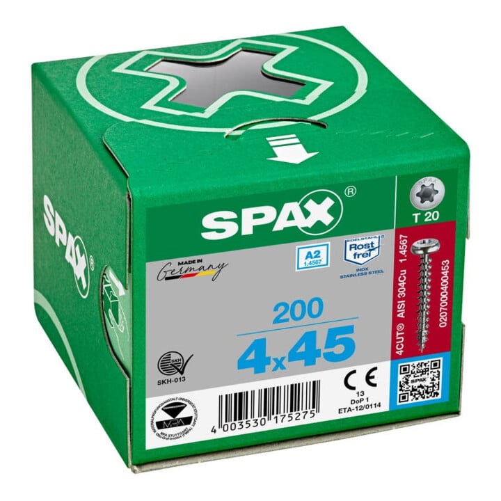 Spax Edelstahl 4 x 45 mm Halbrundkopf T-STAR plus Vollgewinde 4CUT Edelstahl rostfreiei A2