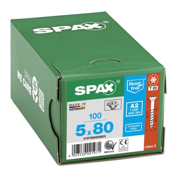Spax Edelstahl 5 x 80 mm Senkkopf T-STAR plus Teilgewinde 4CUT Edelstahl rostfreiei A2