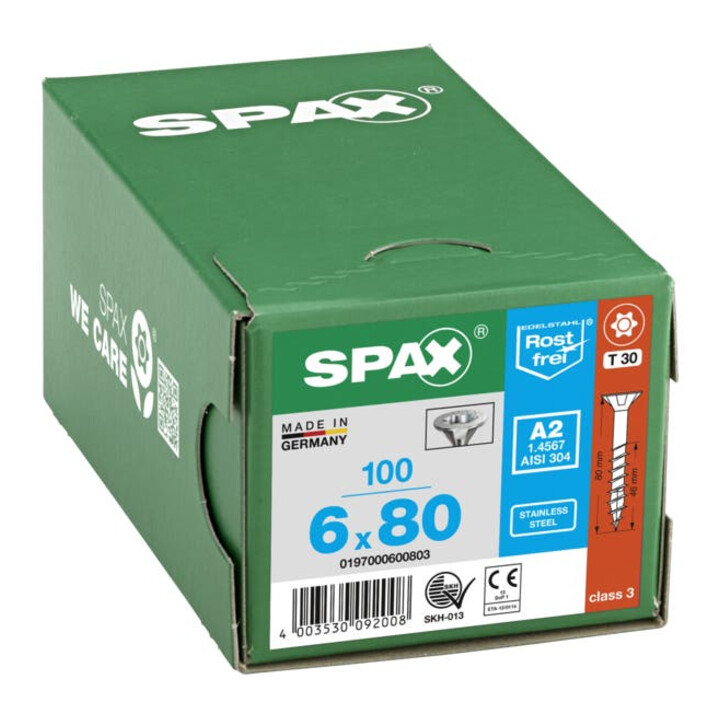 Spax Edelstahl 6 x 80 mm Senkkopf T-STAR plus Teilgewinde 4CUT Edelstahl rostfreiei A2