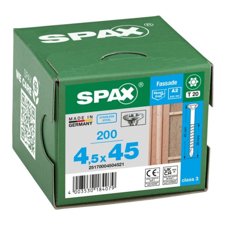 Spax Fassade 4,5 x 45 mm LinsenSenkkopf T-STAR plus Teilgewinde CUT-Spitze Edelstahl rostfreiei A2