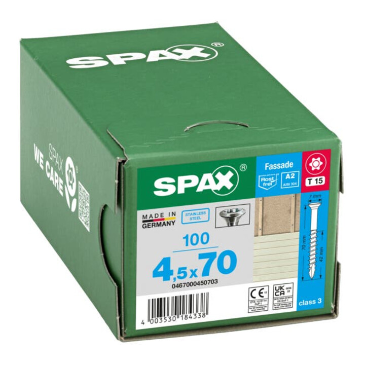 Spax Fassade 4,5 x 70 mm Tête fraisée petite T-STAR plus filetage partiel Pointe CUT inox A2 anti-rouille