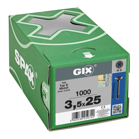 Spax GIX-D Tête trompette 3,5 x 25 H2 Pointe de forage phosphatée