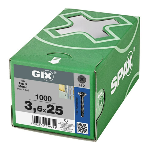 Spax GIX-D Tête trompette 3,5 x 25 H2 Pointe de forage phosphatée