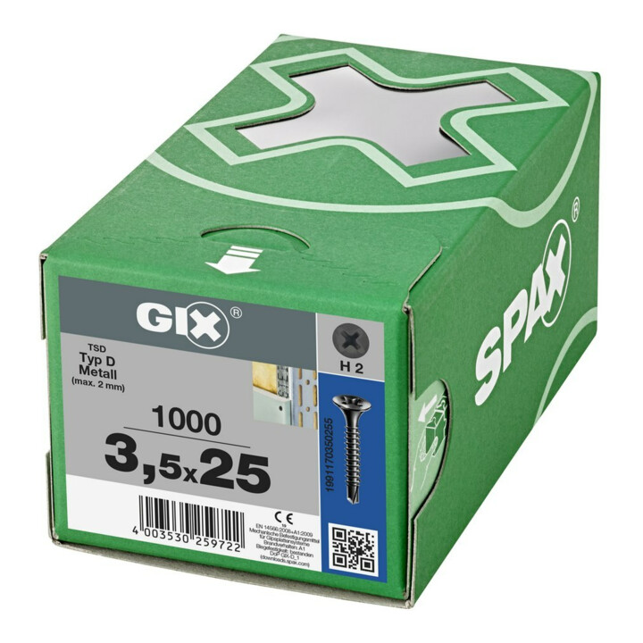 Spax GIX-D Tête trompette 3,5 x 25 H2 Pointe de forage phosphatée
