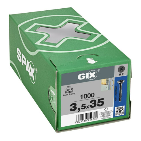 Spax GIX-D Tête trompette 3,5 x 35 H2 Pointe de perçage phosphatée