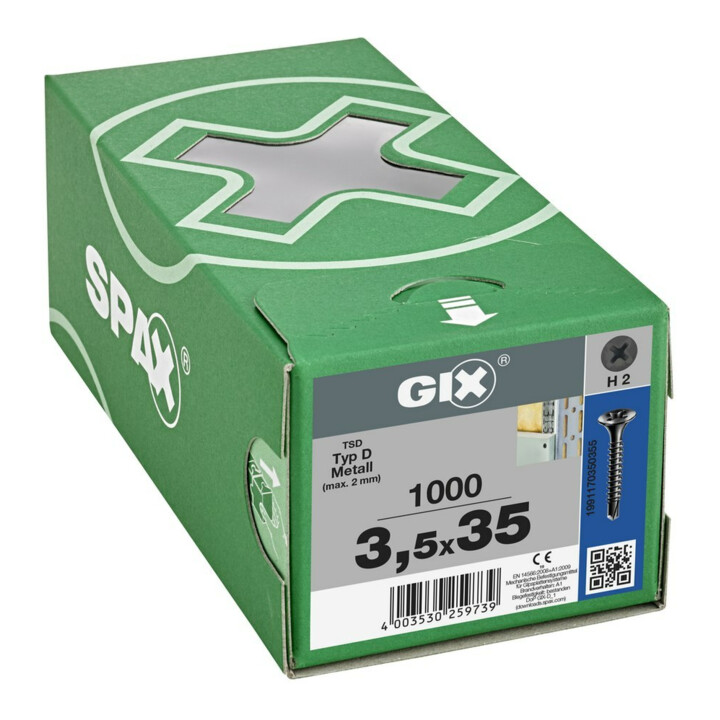 Spax GIX-D Tête trompette 3,5 x 35 H2 Pointe de perçage phosphatée
