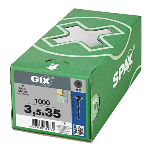 Spax GIX-D Tête trompette 3,5 x 35 H2 Pointe de perçage phosphatée