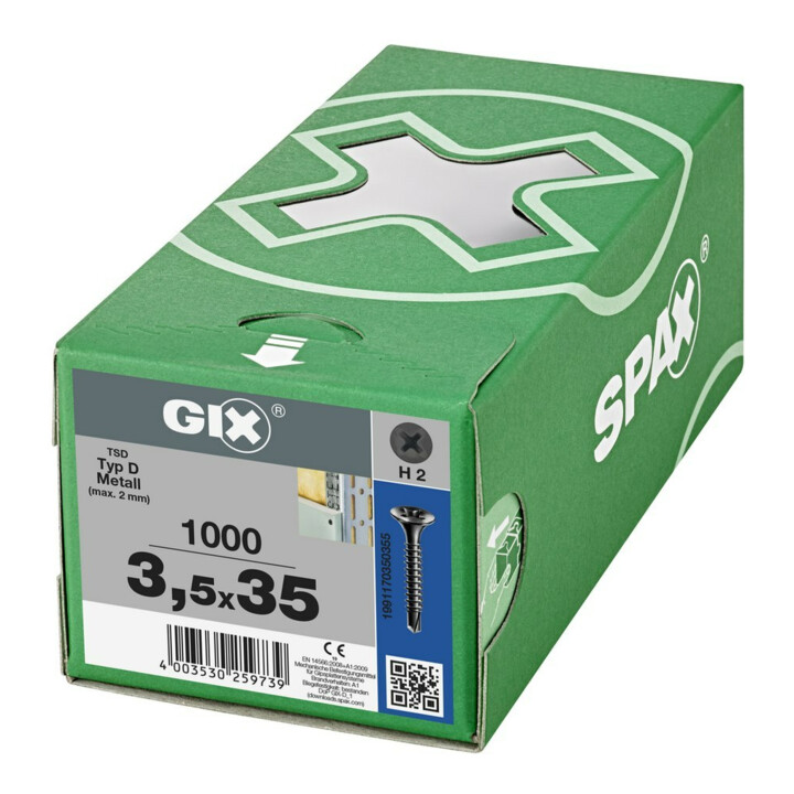 Spax GIX-D Tête trompette 3,5 x 35 H2 Pointe de perçage phosphatée