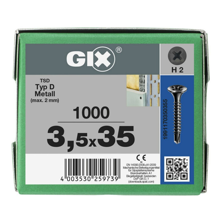 Spax GIX-D Tête trompette 3,5 x 35 H2 Pointe de perçage phosphatée