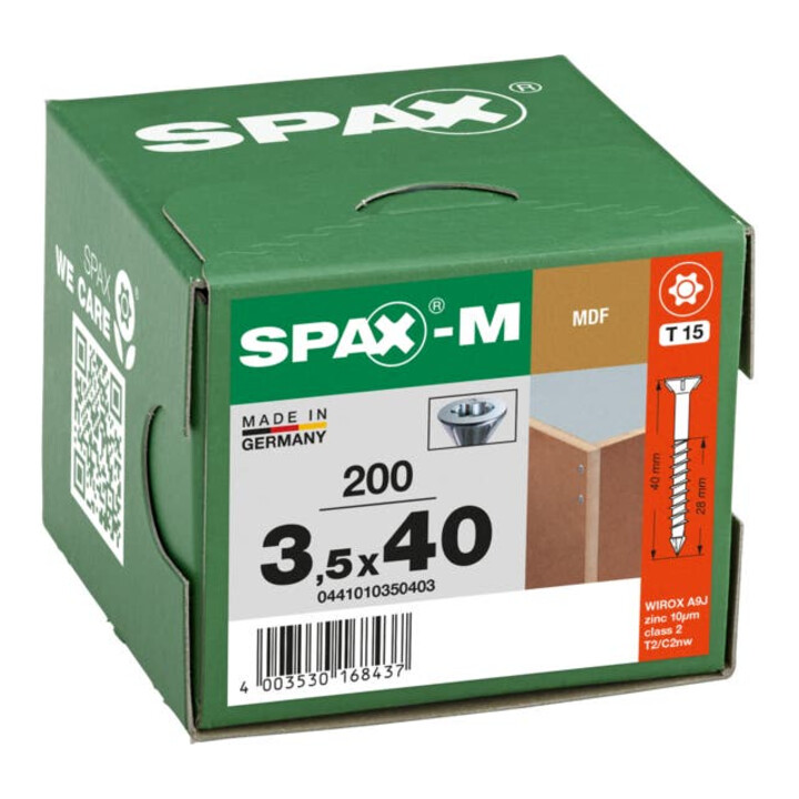 Spax M MDF Schrauben 3,5 x 40 mm Senkkopf kleiner Fräskopf T-STAR plus Teilgewinde CUT-Spitze Galvanisch blank verzinkt A2J