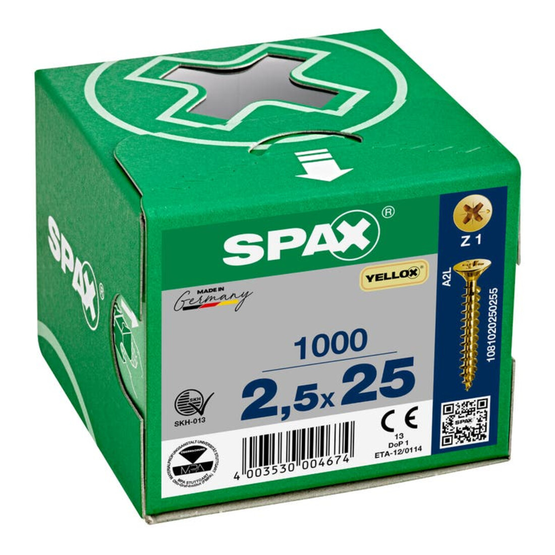 Spax Universalschraube 2,5 x 25 mm Senkkopf Kreuzschlitz Z Vollgewinde S-Spitze YELLOX A2L