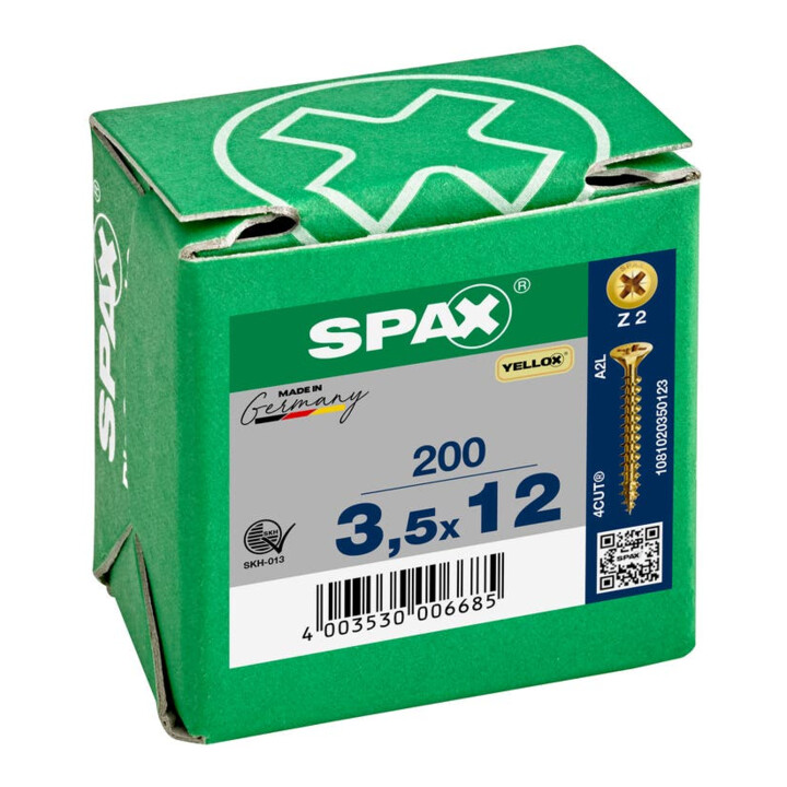 Spax Universalschraube 3,5 x 12 mm Senkkopf Kreuzschlitz Z Vollgewinde 4CUT YELLOX A2L
