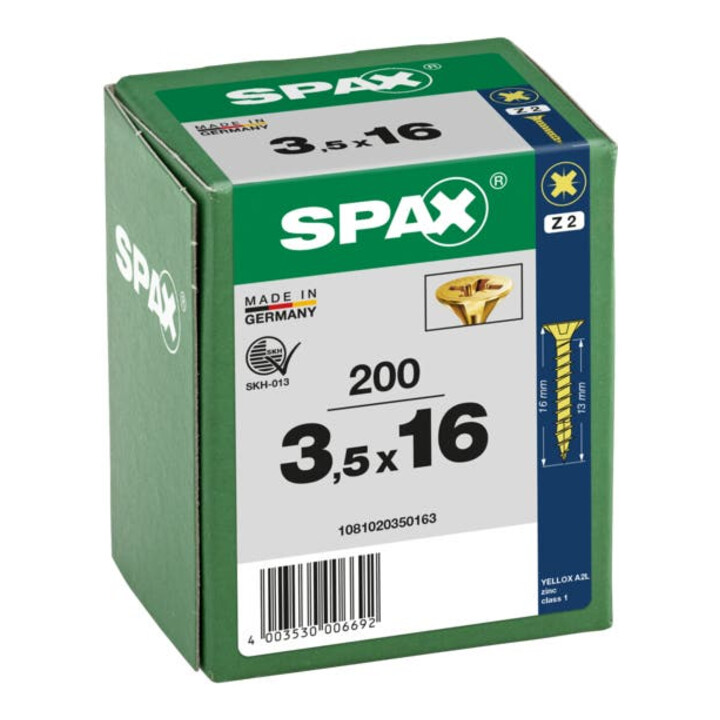 Spax Universalschraube 3,5 x 16 mm Senkkopf Kreuzschlitz Z Vollgewinde 4CUT YELLOX A2L