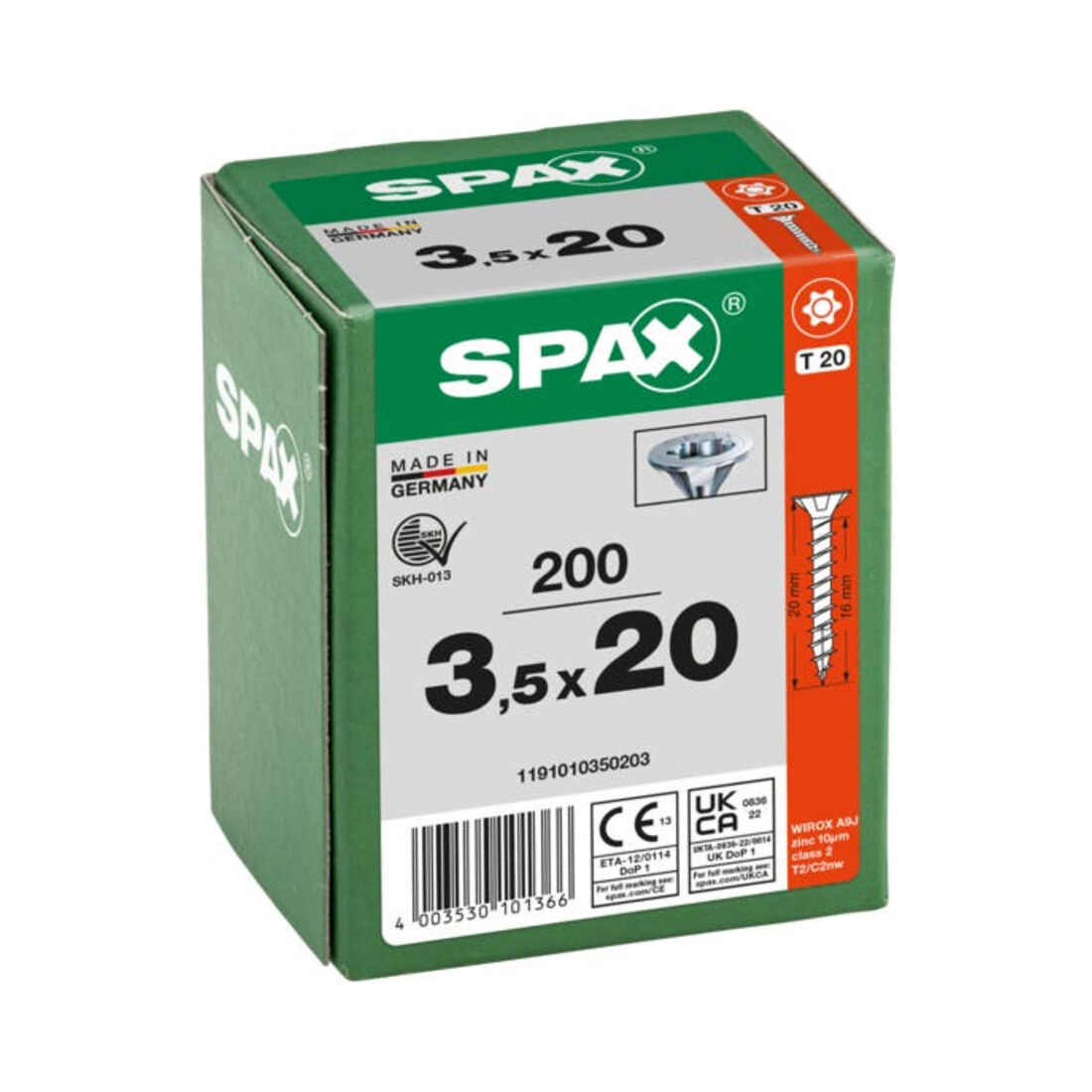 Spax Universalschraube 3,5 x 20 mm Senkkopf T-STAR plus Vollgewinde 4CUT WIROX A3J