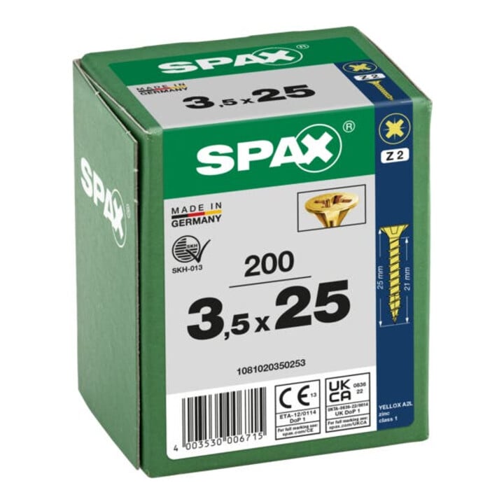 Spax Universalschraube 3,5 x 25 mm Senkkopf Kreuzschlitz Z Vollgewinde 4CUT YELLOX A2L