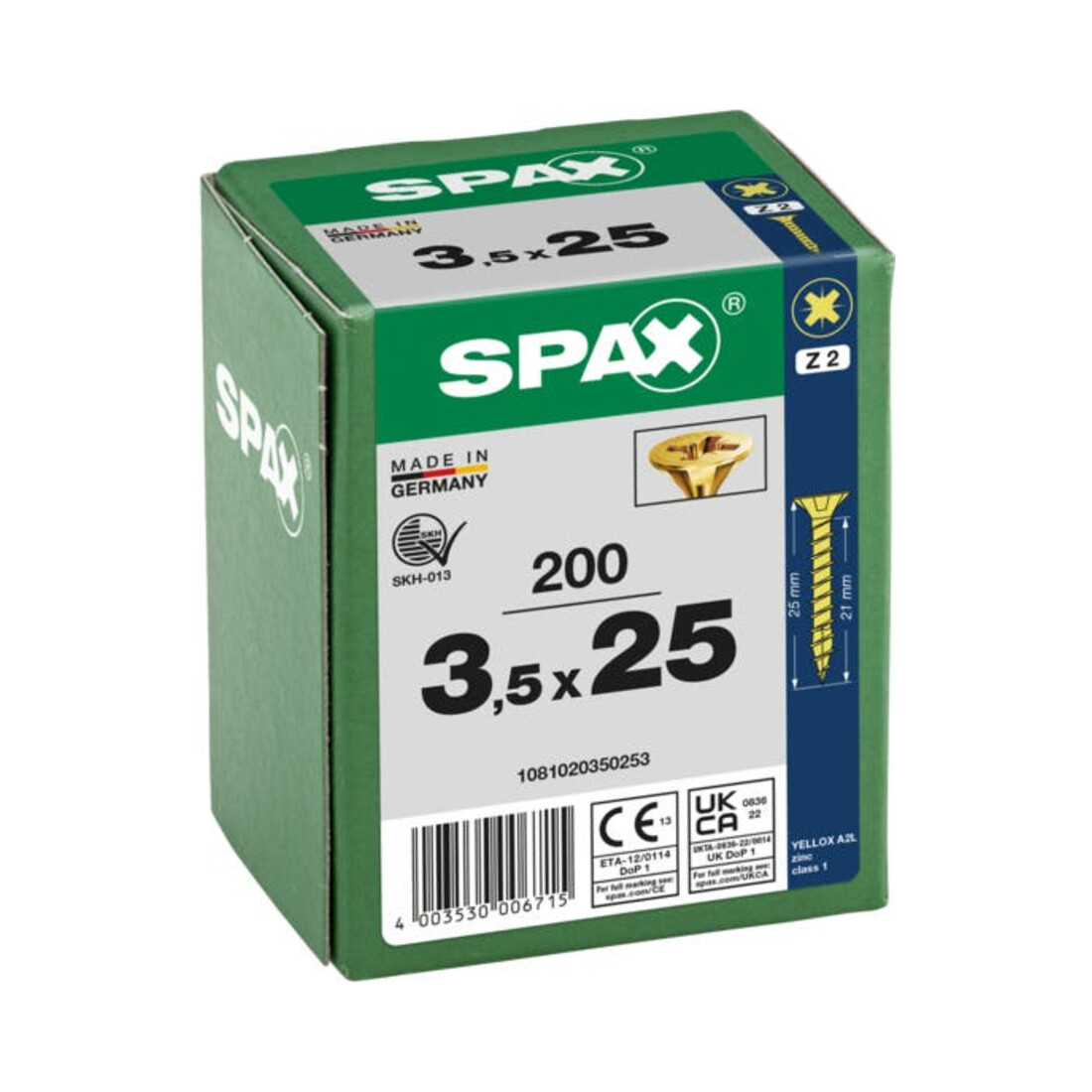 Spax Universalschraube 3,5 x 25 mm Senkkopf Kreuzschlitz Z Vollgewinde 4CUT YELLOX A2L